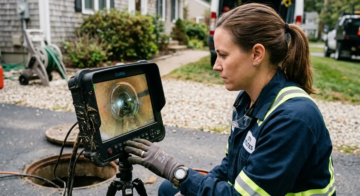 Technician reviewing sewer camera inspection footage in Lake Monticello