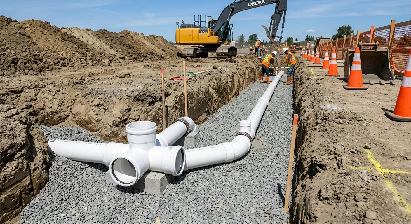 New PVC sewer pipe installation in open trench for Sewer Backup in Lake Monticello