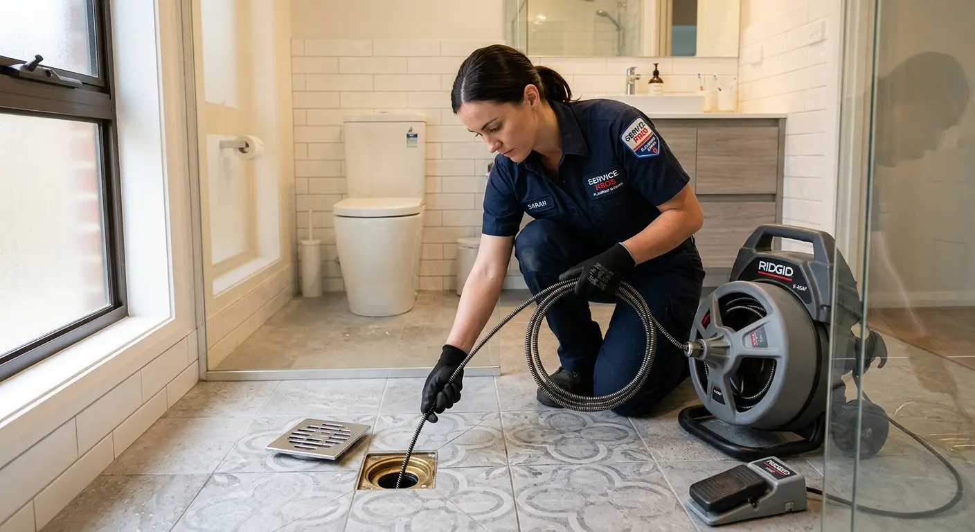 Technician clearing a bathroom floor drain for Drain Cleaning in Lake Monticello